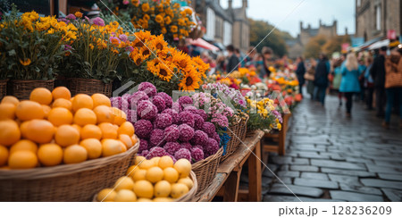 a vibrant Lughnasadh market, showcasing local produce 128236209