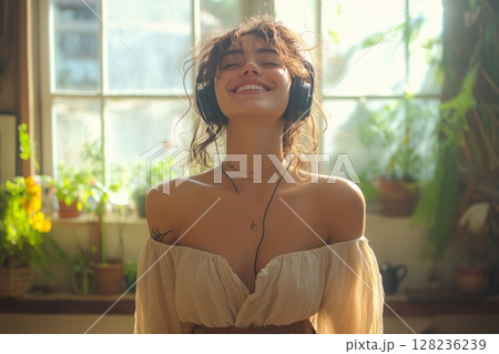 A woman listens to music with headphones, dancing joyfully in her cozy living room 128236239