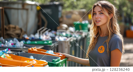 a woman leading a recycling initiative, speaking to volunteers sorting materials into bins, with a vibrant outdoor setting and room on the right for text 128236240