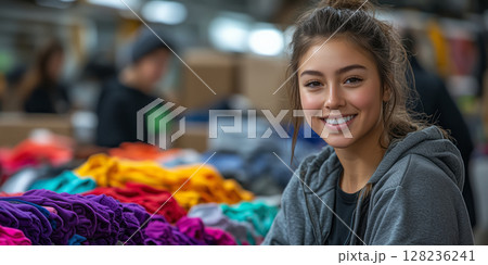 a woman managing a clothing donation drive, folding clothes with volunteers at a makeshift station, surrounded by colorful donations, with an open area on the right for promotional text 128236241