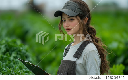 a woman standing confidently in the middle of a vegetable farm, holding a clipboard and giving instructions to workers, surrounded by lush greenery and farm tools, bright natural daylight 128236242