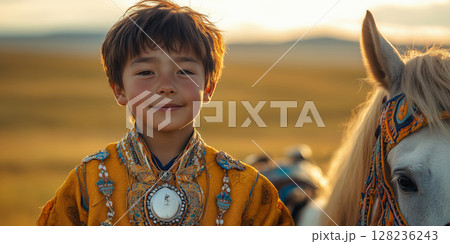 a young boy in traditional Naadam attire leading a decorated horse 128236243