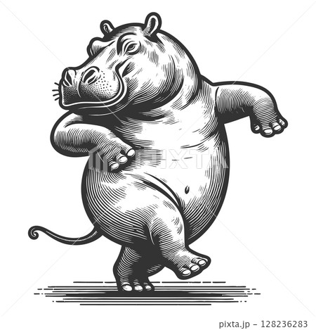 Dancing Hippopotamus engraving vector illustration 128236283