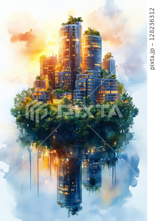 a sustainable floating island city with small wind turbines lining its edges, futuristic buildings with curved designs, and a glowing sunrise on the horizon 128236312