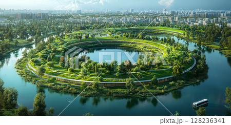 an aerial view of a sustainable city with a circular design, featuring greenery filled districts, a central water reservoir, and autonomous transportation hubs 128236341