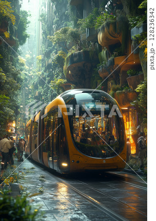 an autonomous electric bus stopping at a smart station with vertical gardens, passengers boarding while holographic schedules are displayed, vibrant city life in the background 128236342