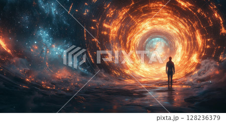 a user entering a metaverse portal 128236379