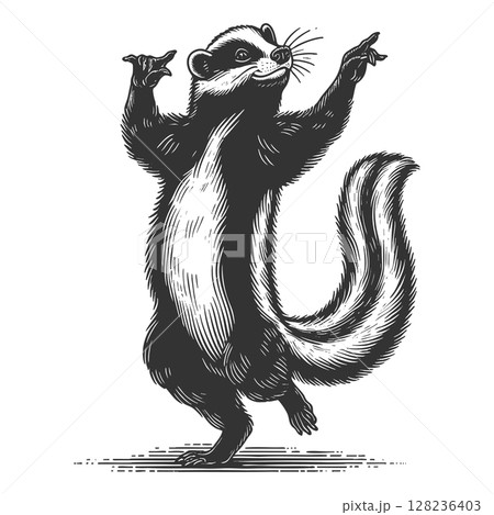 Dancing Skunk engraving sketch vector illustration Dancing Skunk engraving sketch vector illustration 128236403