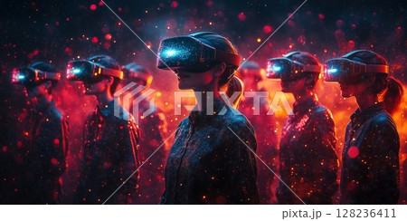 a diverse group of people wearing VR headsets, immersed in a shared virtual environment, with glowing holographic visuals in the background 128236411