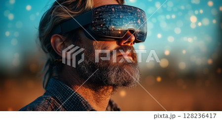 a farmer wearing augmented reality glasses while standing beside a smart plow, overlay of data projected on the glasses 128236417