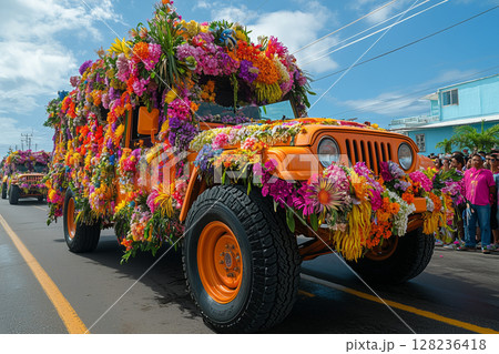 a flower covered jeep participating in the parade, adorned with colorful blooms and traditional decorations 128236418