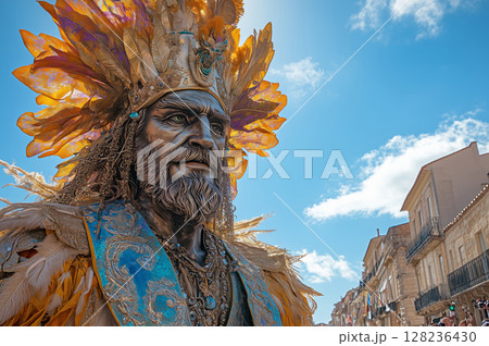 a giant parade figure towering over a crowd during the Festival of the Giants, colorful costumes and historical decorations, with a bright summer sky overhead 128236430