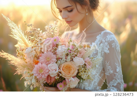 a close up of a boho wedding bouquet with wildflowers, pampas grass, and earthy tones 128236473