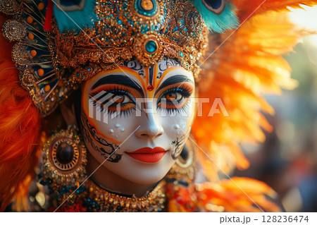 a giant figures detailed face and ornate clothing 128236474