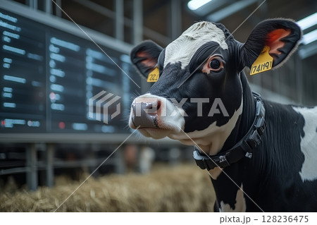 a dairy farm with IoT connected collars on cows, real time health and activity data displayed on a screen in the barn, clean and modern environment with natural lighting 128236475