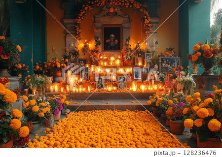 a Day of the Dead altar in Mexico, adorned with marigolds, candles, and photos of loved ones, colorful decorations 128236476