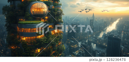 A futuristic agriculture tower stands tall, monitored by a drone 128236478