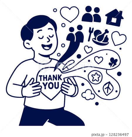Coloring line art featuring joyful character expressing gratitude with hearts and symbols Coloring line art featuring joyful character expressing gratitude with hearts and symbols 128236497