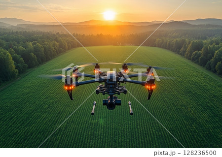 a drone flying over a large green field, capturing data for precision farming 128236500