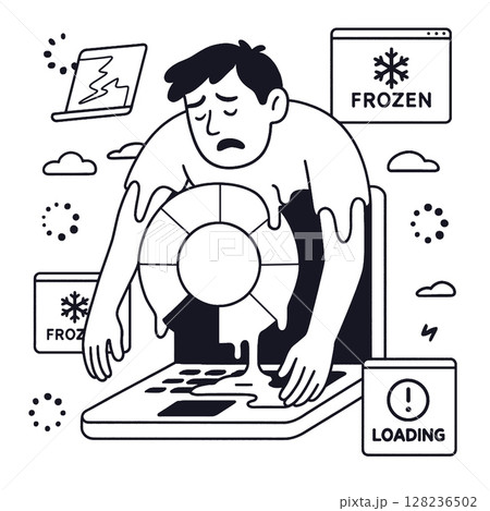Person struggles with frozen computer, expressing frustration through coloring and line art Person struggles with frozen computer, expressing frustration through coloring and line art 128236502