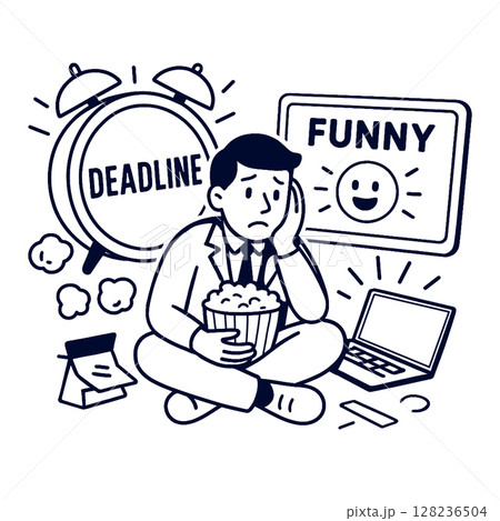 Feeling overwhelmed by deadlines while enjoying funny art and popcorn Feeling overwhelmed by deadlines while enjoying funny art and popcorn 128236504