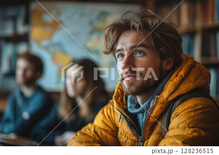 a modern language teacher using interactive software to teach a small group, cozy classroom with maps and bookshelves 128236515