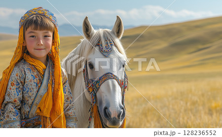 a young boy in traditional Naadam attire leading a decorated horse, a vast Mongolian plain stretching out to the right, bright sunlight creating an inviting atmosphere with room for text 128236552