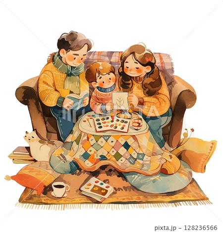 Family enjoys creative time together at home on a cozy afternoon in a colorful living room 128236566