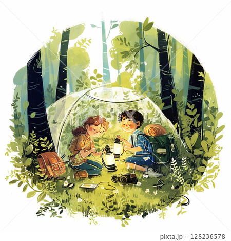 Kids enjoy camping adventure in the forest while exploring nature and making memories at dusk Kids enjoy camping adventure in the forest while exploring nature and making memories at dusk 128236578