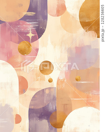 Colorful abstract composition featuring circles and soft shapes in pastel tones on a textured background Colorful abstract composition featuring circles and soft shapes in pastel tones on a textured background 128236605