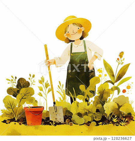 Gardener working in a vibrant vegetable garden with a shovel and bucket during a sunny day 128236627