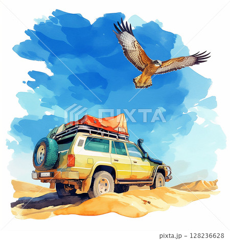 Vehicle parked under a blue sky with an eagle soaring overhead in a desert landscape 128236628