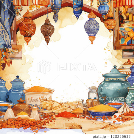 Colorful spice market setting with ornate lamps and vibrant pottery during a sunlit afternoon Colorful spice market setting with ornate lamps and vibrant pottery during a sunlit afternoon 128236635