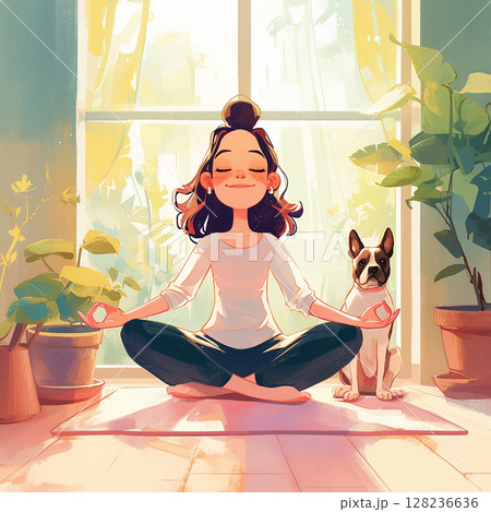 Morning meditation with a dog in a sunlit room filled with plants Morning meditation with a dog in a sunlit room filled with plants 128236636