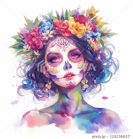 Vibrant sugar skull art featuring a woman adorned with flowers and colorful face paint celebrating a cultural tradition Vibrant sugar skull art featuring a woman adorned with flowers and colorful face paint celebrating a cultural tradition 128236637