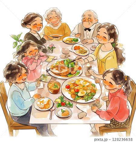 Family gathering around a joyful dinner table filled with delicious home-cooked meals in a cozy dining room setting Family gathering around a joyful dinner table filled with delicious home-cooked meals in a cozy dining room setting 128236638