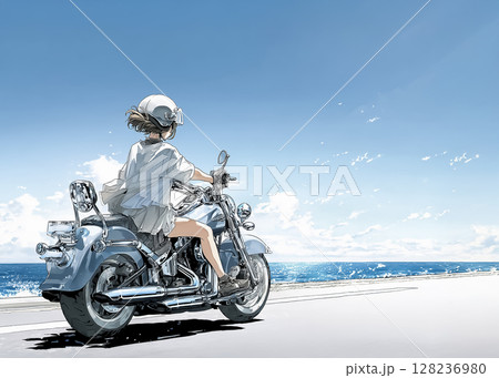 大型クルーザーバイクで海沿いを走る女性ライダーのイラスト素材 128236980