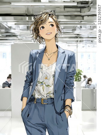 天井を見上げる笑顔のビジネスウーマンのイラスト素材 128236987