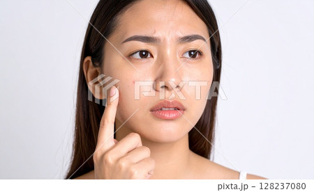 すっぴん女性の肌悩みのイメージ。頬にできたニキビに悩む女性の顔アップ。 128237080