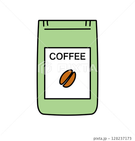 イラスト素材: コーヒー豆のパッケージ袋を描いたベクターイラスト 白背景 128237173