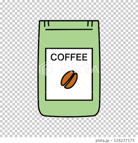 イラスト素材: コーヒー豆のパッケージ袋を描いたベクターイラスト 白背景 128237173