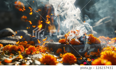 Marigold petals and incense smoke in sunlit ritual scene 128237431