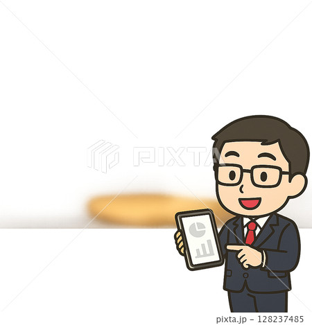 タブレットで商談を進めるミニキャラのメガネ営業マン（応接室背景・中央余白あり） 128237485