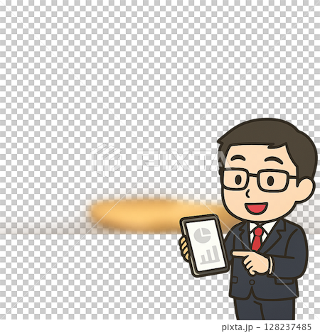 タブレットで商談を進めるミニキャラのメガネ営業マン（応接室背景・中央余白あり） 128237485