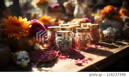 Vibrant day of the dead decorations with colorful sugar skulls and marigolds 128237499