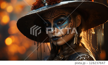 Mystical woman with intricate face paint celebrating day of the dead Mystical woman with intricate face paint celebrating day of the dead 128237647