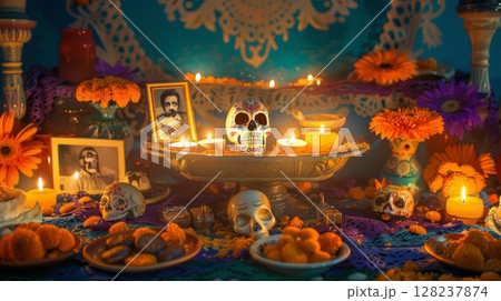 Vibrant dia de los muertos altar with colorful candles and skull decorations 128237874