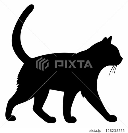 Silhouette of a black cat with arched back in side view Silhouette of a black cat with arched back in side view 128238233