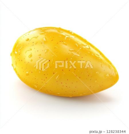 Fresh yellow mango with water droplets and red speckles on transparent or white background 128238344