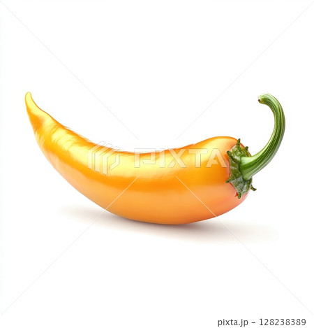Single yellow pepper with green stem on white background 128238389